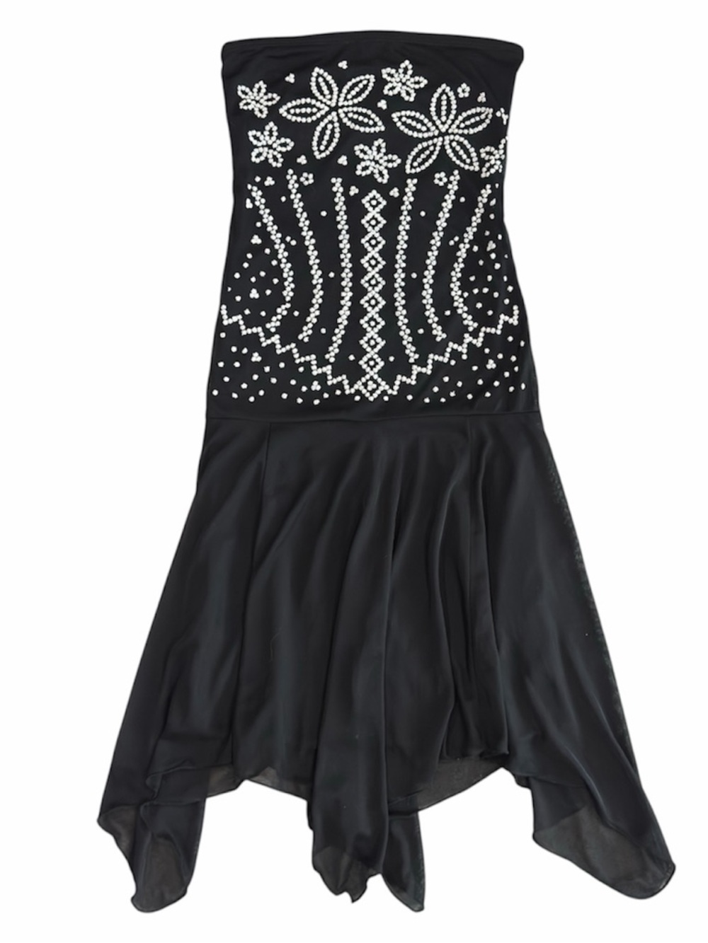 Vintage My Michelle Black Strapless Handkerchief Dress with Floral Beaded Detail